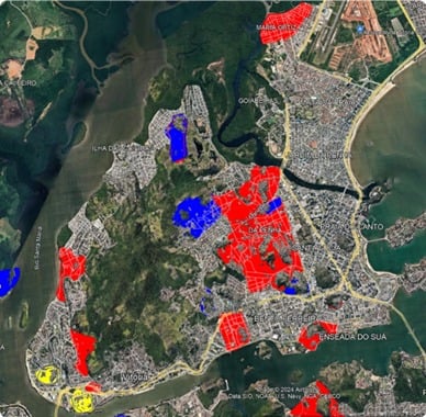 Em vermelho está as áreas dominadas pelo PCV; em azul, o TCP. Já em amarelo, as regiões do PCC