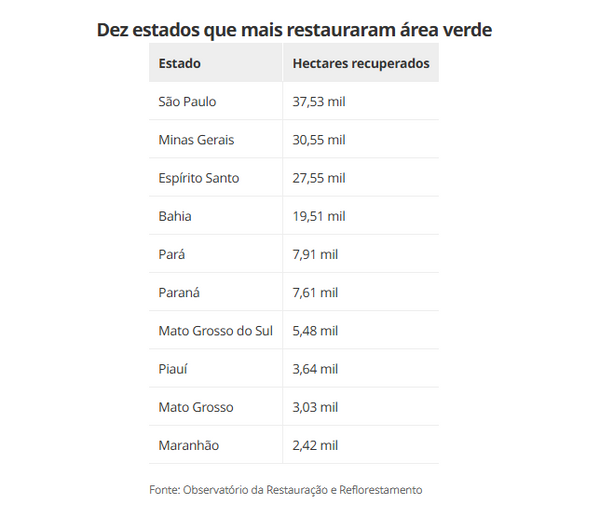 ES é o 3º Estado do país que mais restaurou áreas verdes