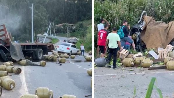 Motorista de caminhão que transportava botijas de gás perdeu o controle da direção, iniciando série de colisões que envolveu três carros e um outro caminhão