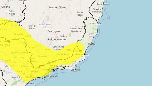 Pode chover entre 20 e 30 mm/h ou até 50 mm/dia nos municípios afetados, e os ventos intensos podem alcançar 60 km/h; aviso é válido até as 10h de terça-feira (10)