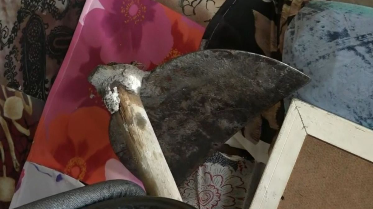 Enxada usada pelo adolescente para tentar agredir a mãe