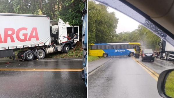 Colisão ocorreu na tarde desta quarta-feira (11) e bloqueou completamente o fluxo na rodovia federal; motorista do coletivo foi socorrido em estado grave e 4 passageiros sofreram ferimentos leves