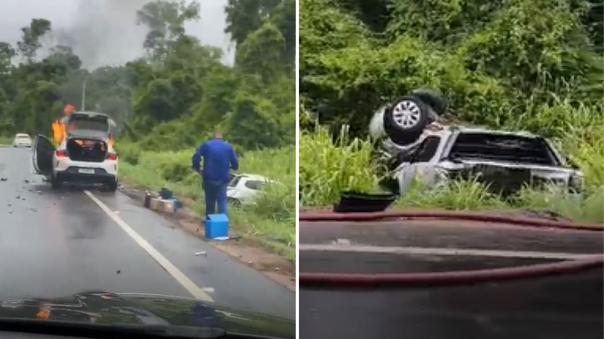 Carro pega fogo em grave acidente entre 3 veículos na ES 245 em Linhares