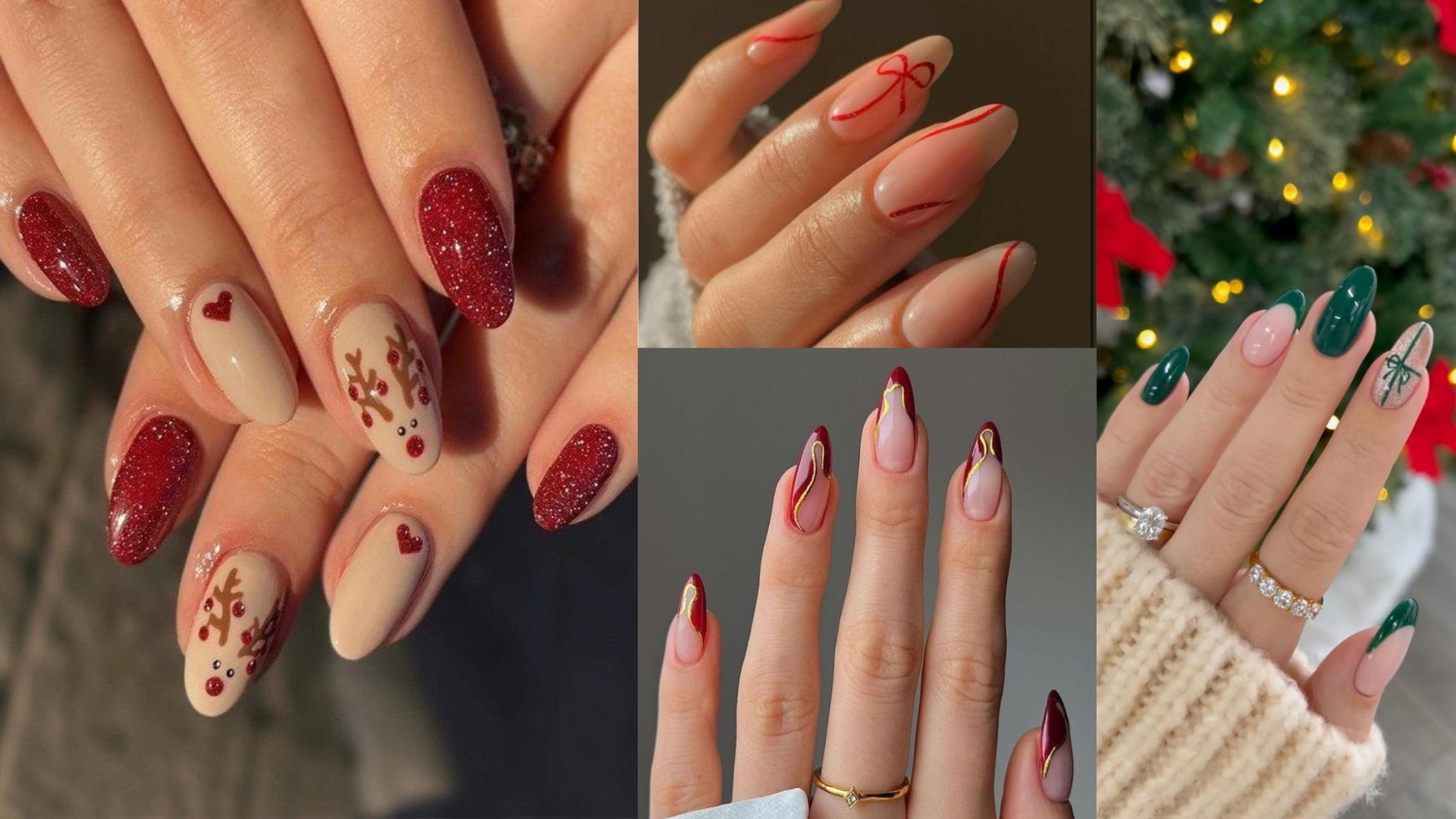 Encante-se com unhas natalinas que misturam vermelho, verde, dourado e detalhes temáticos. Crédito: Divulgação