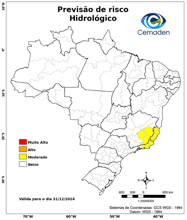Cemaden emite aviso de risco hidrológico em todo o ES