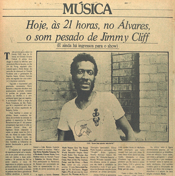 Matéria do jornal A Gazeta em 1984 sobre o show de Jimmy Cliff em Vitória