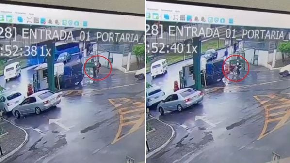 Vítima havia assumido o posto de trabalho há uma hora quando foi abordada pelo criminoso, que roubou sua arma e fugiu; suspeito chegou a realizar disparos