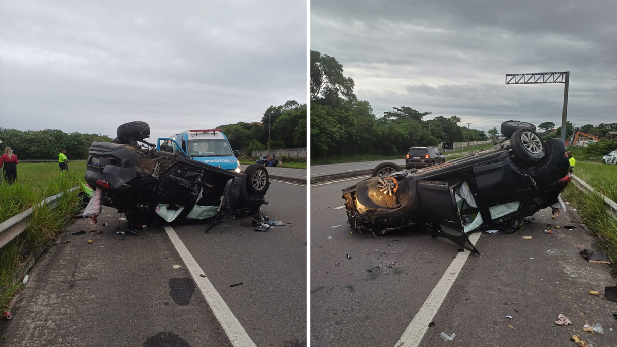 Carro capotou após colisão, deixando uma vítima fatal na Rodovia do Sol, em Vila Velha