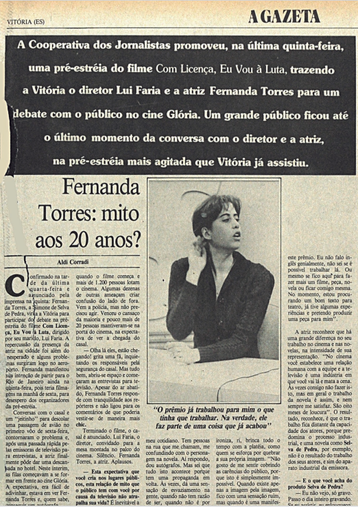 Jornal A Gazeta, em 1986, falando sobre a vinda de Fernanda Torres no ES