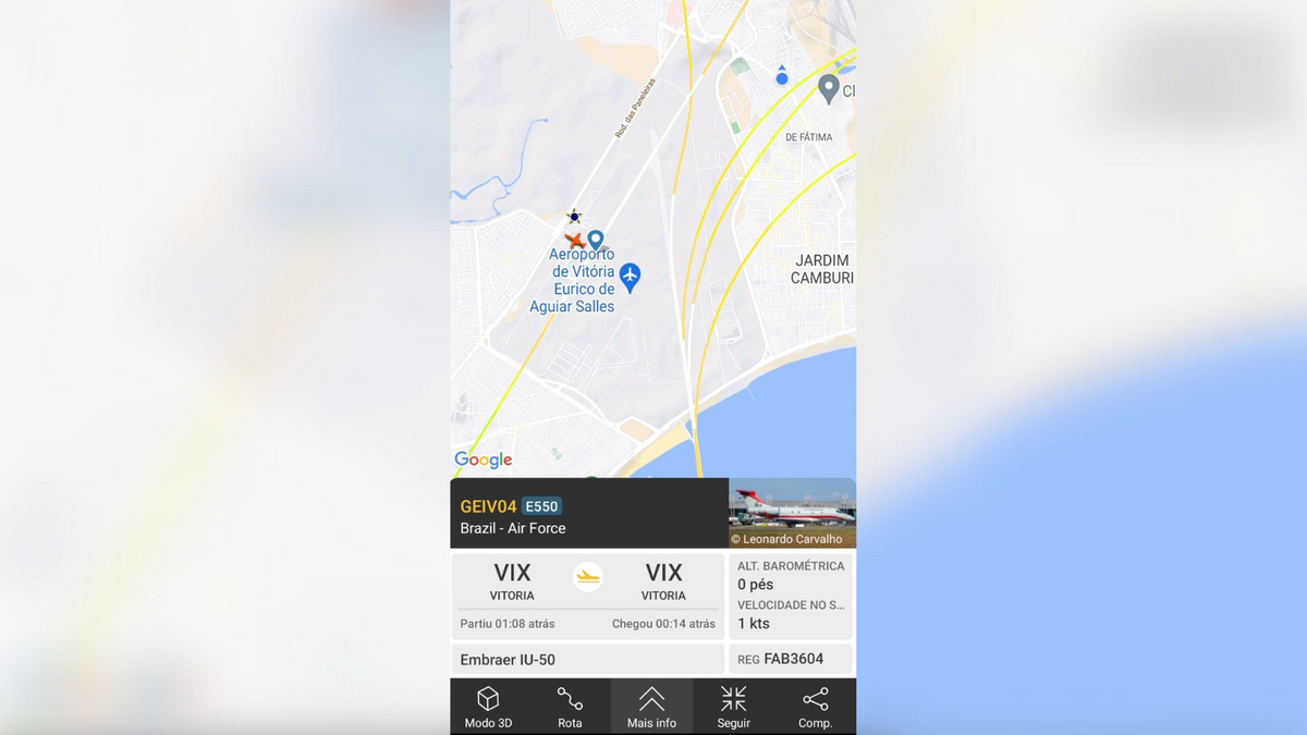 Site de monitoramento de voos em tempo real mostrou aeronave fazendo rota 