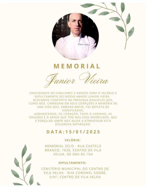 O aviso fúnebre publicado pela família de Júnior Vieira