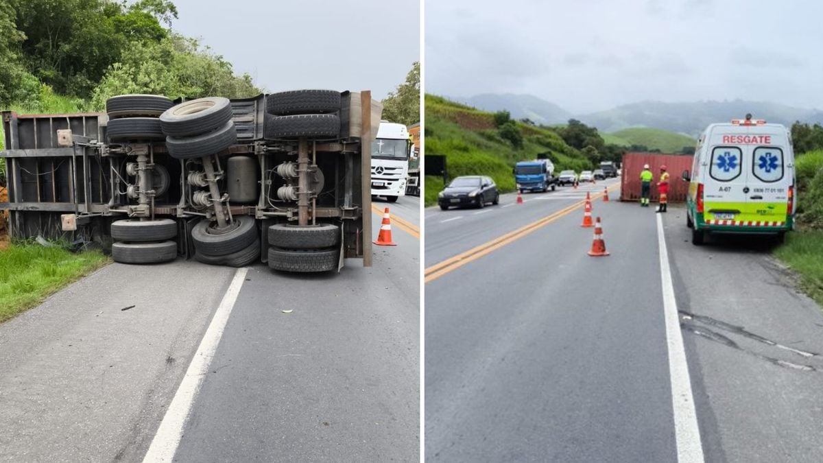 Carreta tomba em Rio Novo do Sul e deixa pista parcialmente interditada