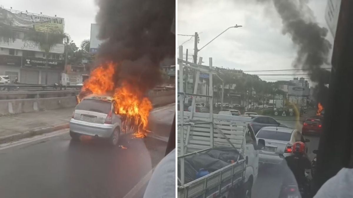 Carro pega fogo no acesso à Terceira Ponte, em Vila Velha