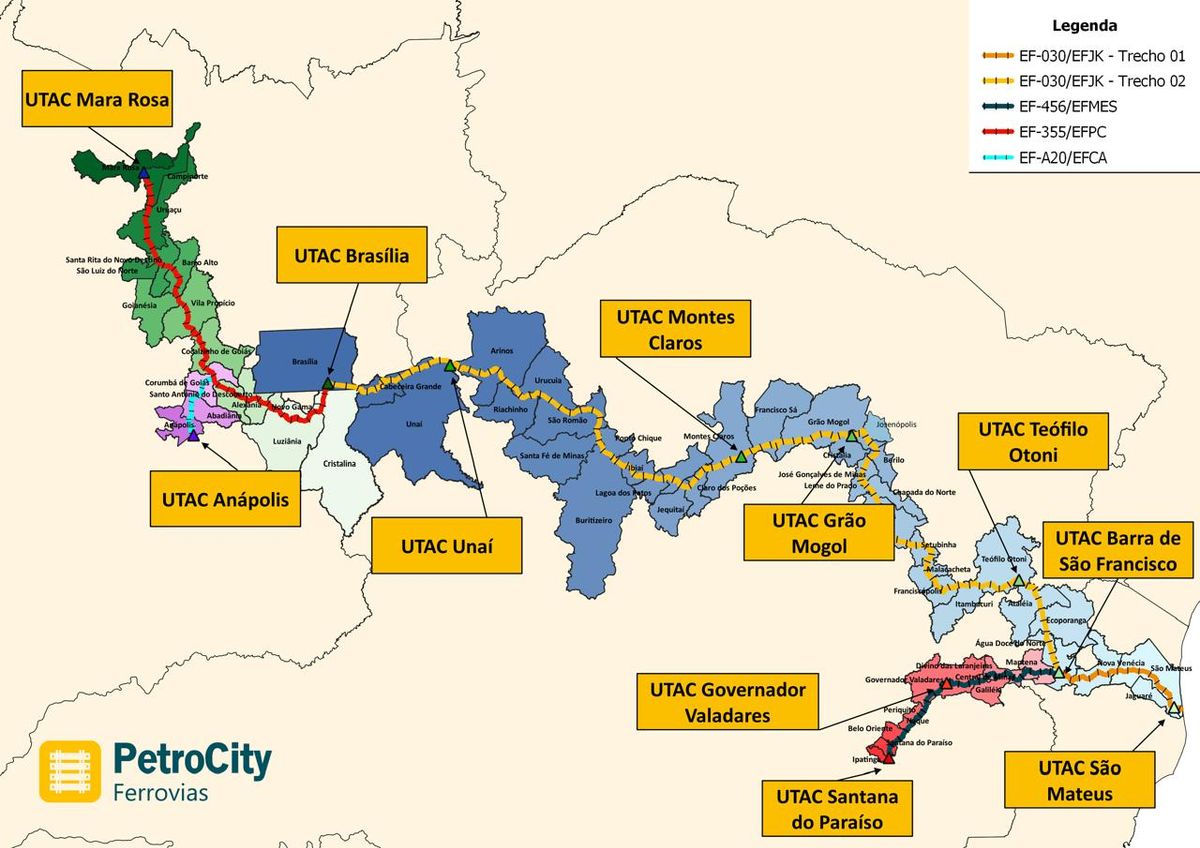 Traçado previsto das ferrovias da Petrocity
