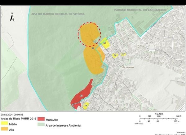Mapa mostra as áreas de risco no Morro do Macaco