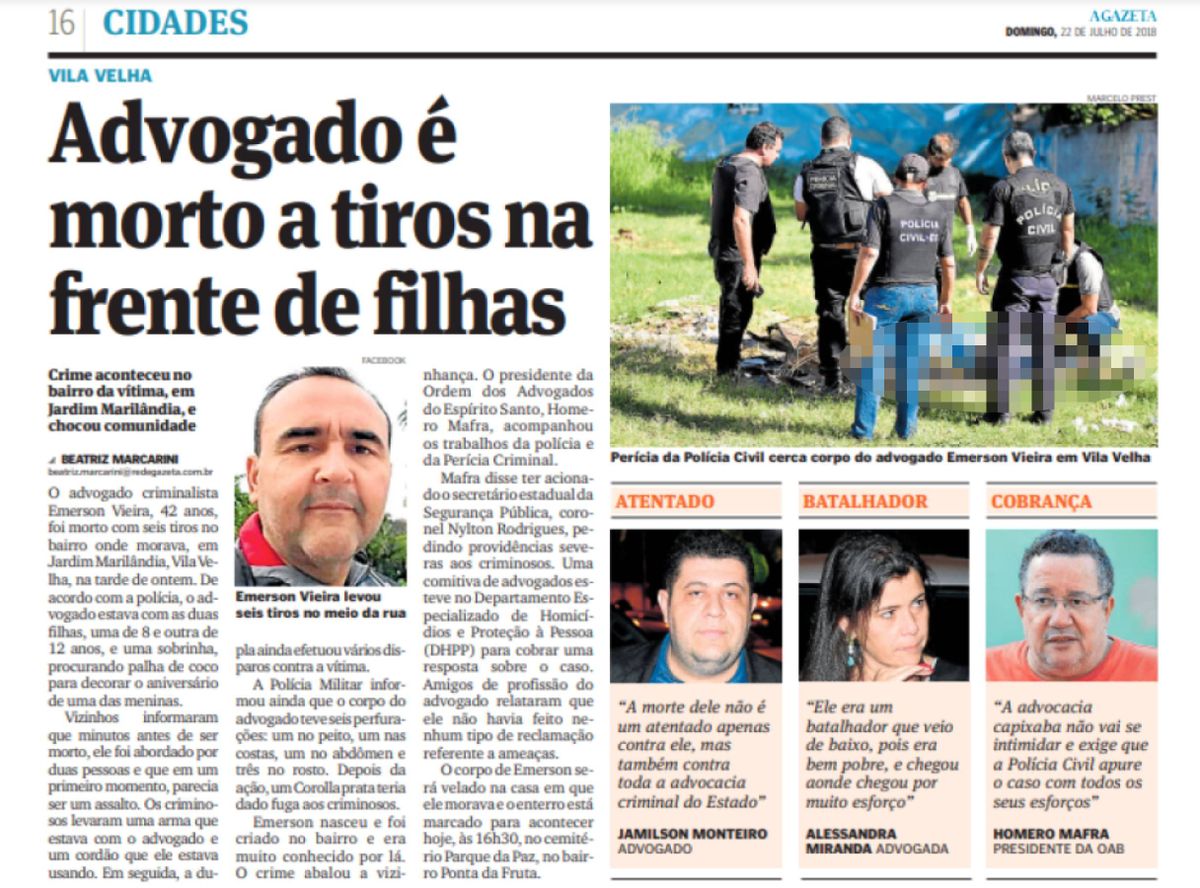 Jornal A Gazeta registrou morte de advogado em julho de 2018