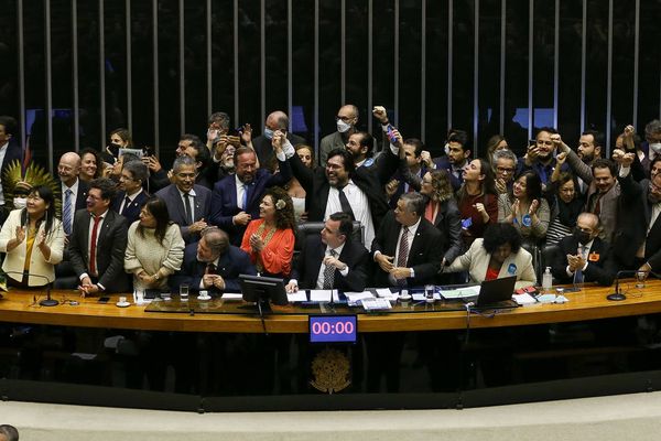 Em julho de 2022, comemoração na sessão do Congresso Nacional que derrubou o veto do governo Bolsonaro às leis Aldir Blanc e Paulo Gustavo, que destinam recursos à cultura