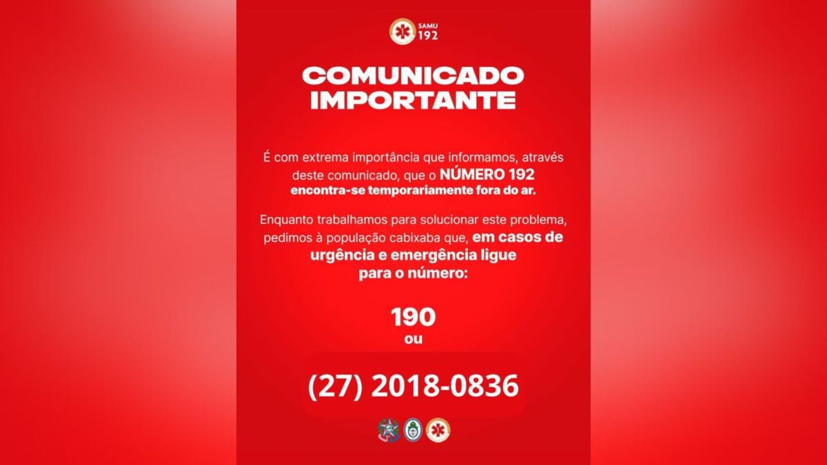 Aviso foi publicado em uma rede social do Samu ES, nesta quinta-feira (30)