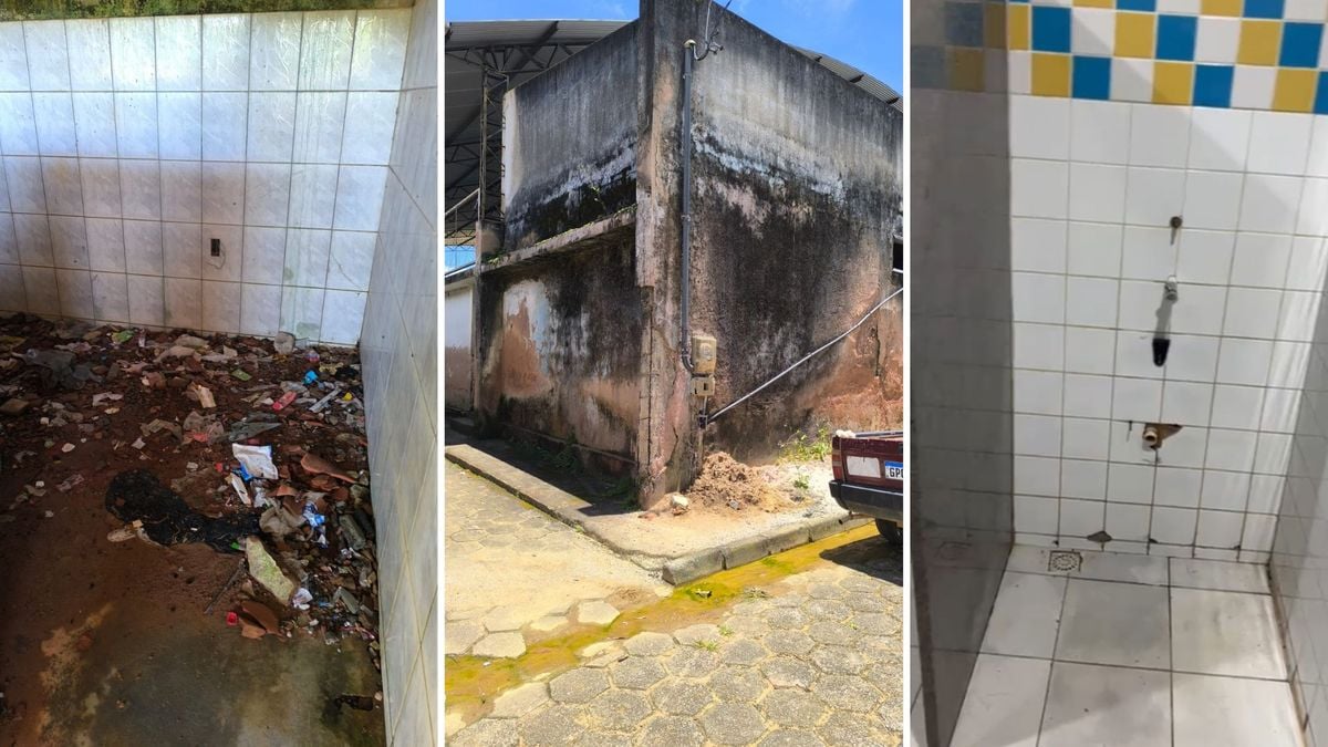 Quadra da escola está repleta de lixo e com estrutura danificada; Em um dos banheiros, os sanitários foram retirados da parde