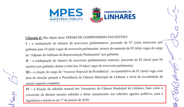 Termo de Compromisso assinado entre MPES e Câmara de Linhares obriga vereadores a estabelecer novo salário e a conceder 13º e férias aos vereadores