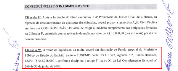 Trecho do documento assinado com vereadores fixa multa de R$ 10 mil por dia de descumprimento, destinado ao Fundo Especial do Ministério Público do ES