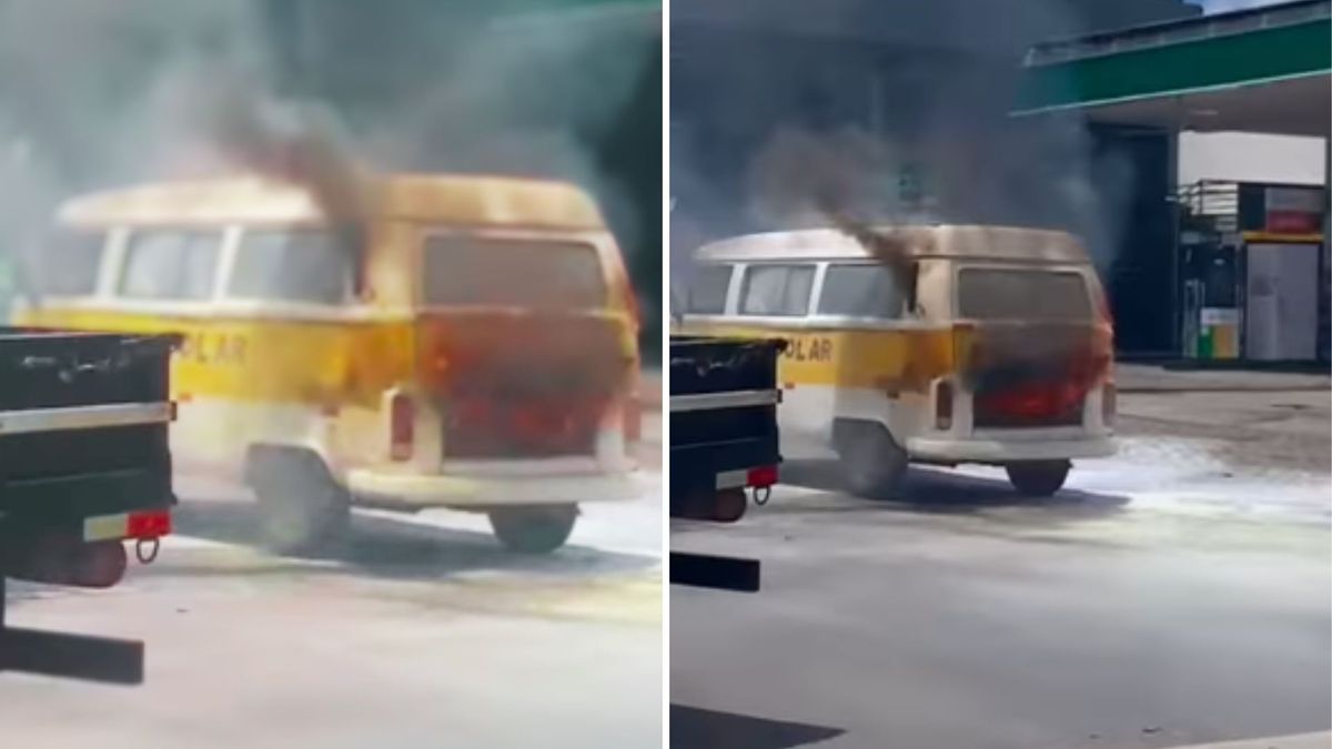 Kombi escolar pega fogo em rua de Linhares 