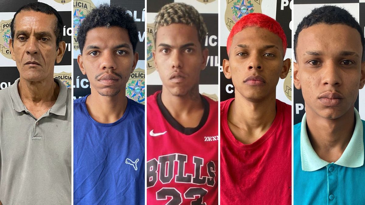 Presos por homicídio, da esquerda para a direita: José Carlos Ferreira Amaral, Jhonatan de Jesus Silva, Kauã dos Santos Jesus, Guilherme Dutra Viana Teixeira, Adryan Ferreira Leão Damásio