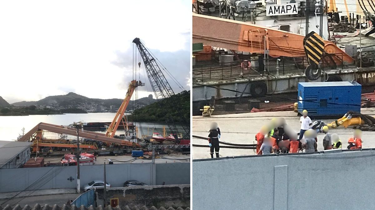 Lança de guindaste cai com cinco funcionários no Terminal Portuário da Glória.