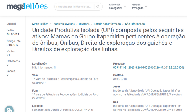 Leilão da Itapemirim está previsto para começar no fim de março