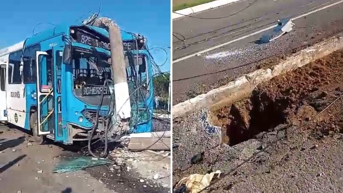 Ônibus do Transcol se envolve em acidente e arranca poste na Serra