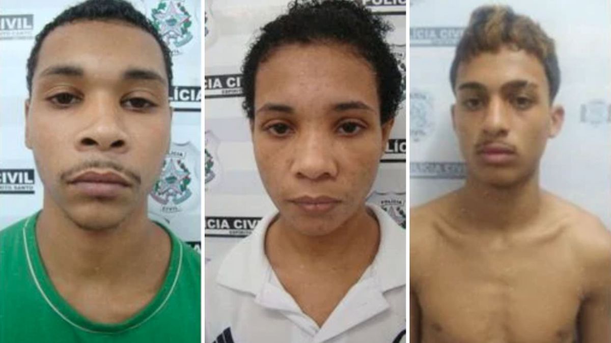 Suspeitos presos pela morte de José Marcos Delfino Chaves: Jadiel Martins de Souza Filho (esquerda), Jadiane Nascimento de Souza (meio) e Jhonortton Dias Souto (direito)