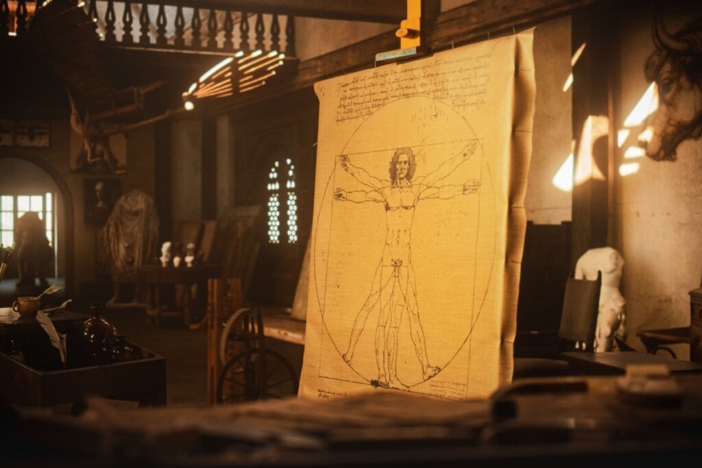 “O Homem Vitruviano”, de Leonardo da Vinci, simboliza a harmonia entre arte e matemática por meio da simetria do corpo humano (Imagem: Gorodenkoff | Shutterstock)