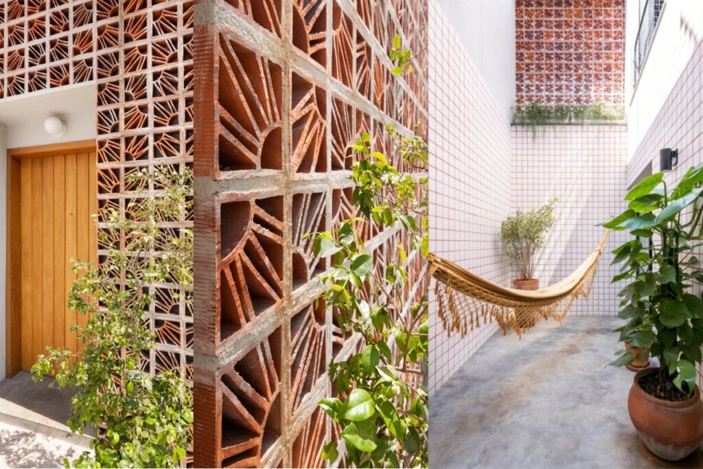 Os cobogós de tijolo permitem ventilação e luz natural, deixando o ambiente mais arejado e iluminado (Projeto: Rawi Arquitetura + Design | Imagem: Juliana Deeke)