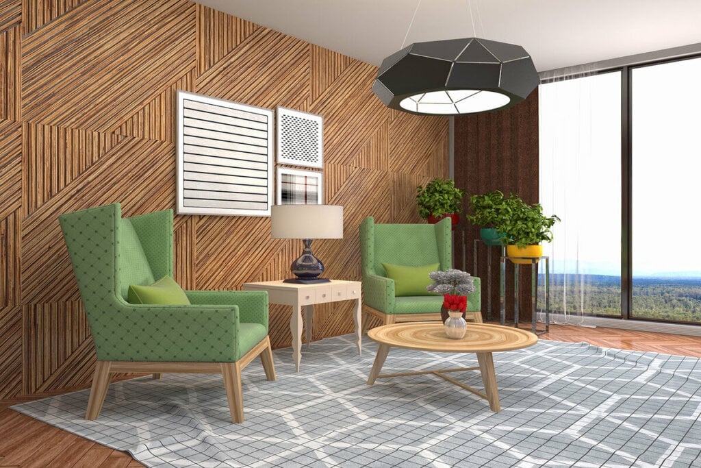 A parede de madeira natural valoriza o ambiente (Imagem: Interior Design | Shutterstock)