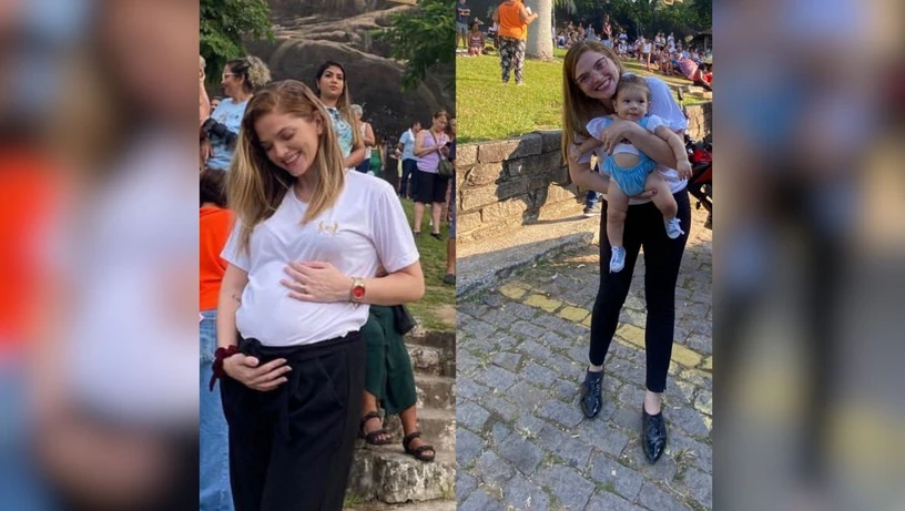 Bárbara Loureiro Demuner Barreto em dois momentos: na gravidez e com a filha no colo