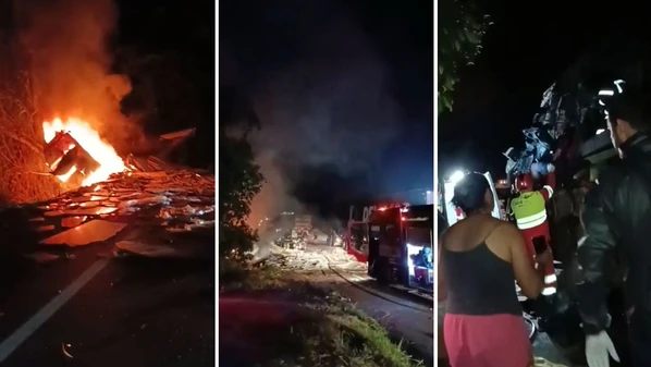 Um dos motoristas ficou preso às ferragens e uma das carretas pegou fogo após a colisão no início da noite desta terça-feira (23) no Sul do Espírito Santo