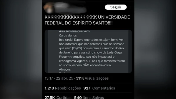 Universitário do curso de Biologia criou uma postagem falsa afirmando que um docente teria cancelado a aula para ir ao show da cantora americana no próximo dia 3, no Rio de Janeiro