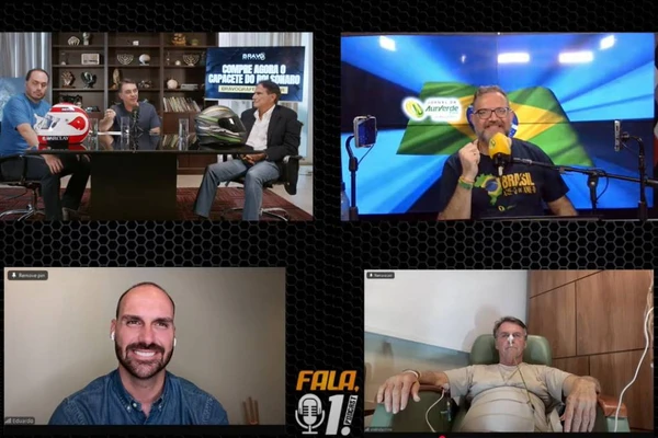 O ex-presidente Jair Bolsonaro (PL) participa de transmissão ao vivo do hospital com seus filhos Carlos, Eduardo e Flávio, e o piloto Nelson Piquet