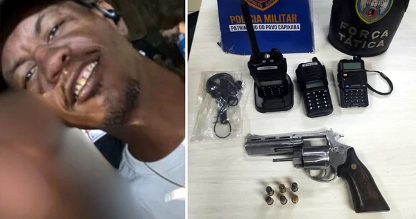 À esquerda, Iran, homem morto em ação policial no bairro Cobi de Baixo, em Vila Velha. À direita, arma, munições e radiocomunicadores apreendidos na casa em que ele estava