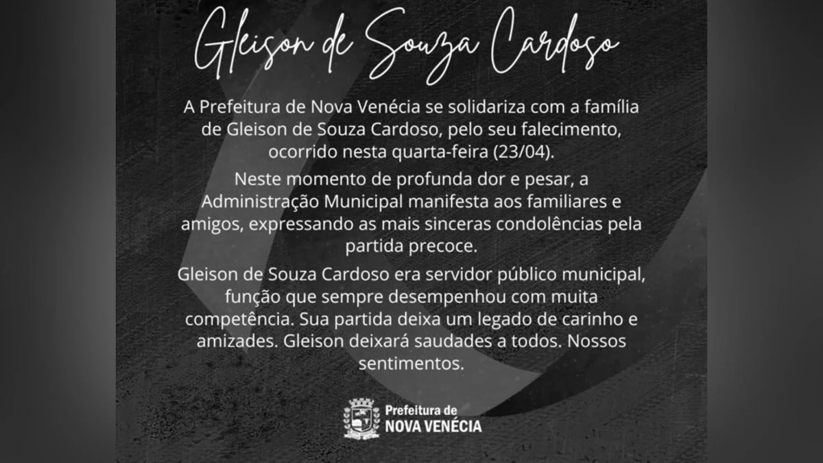 Nota de pesar da Prefeitura de Nova Venécia, após a morte do servidor
