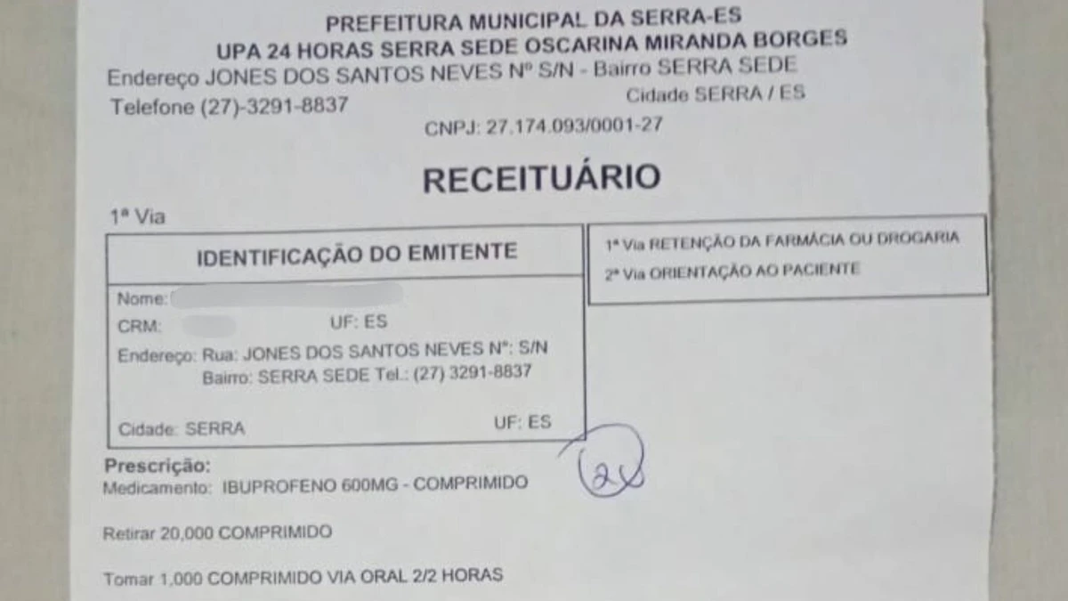 Médico é demitido após receitar Ibuprofeno de maneira irregular para paciente na Serra
