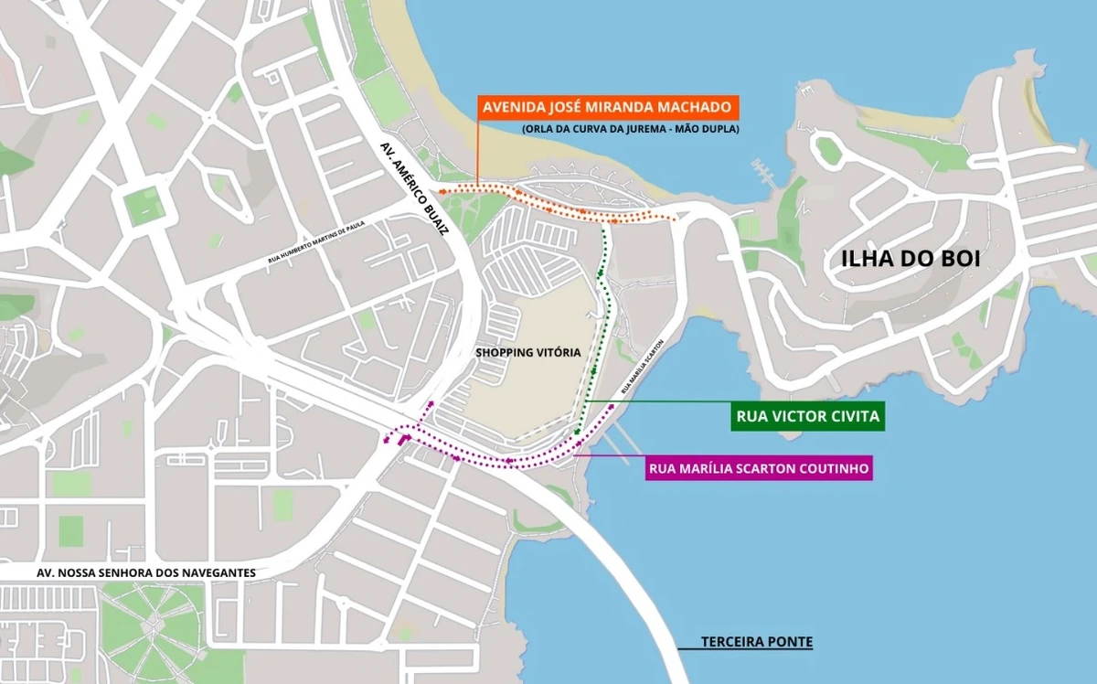 Mapa ilustra acessos que motoristas podem fazer na região da Enseada e Ilha do Boi