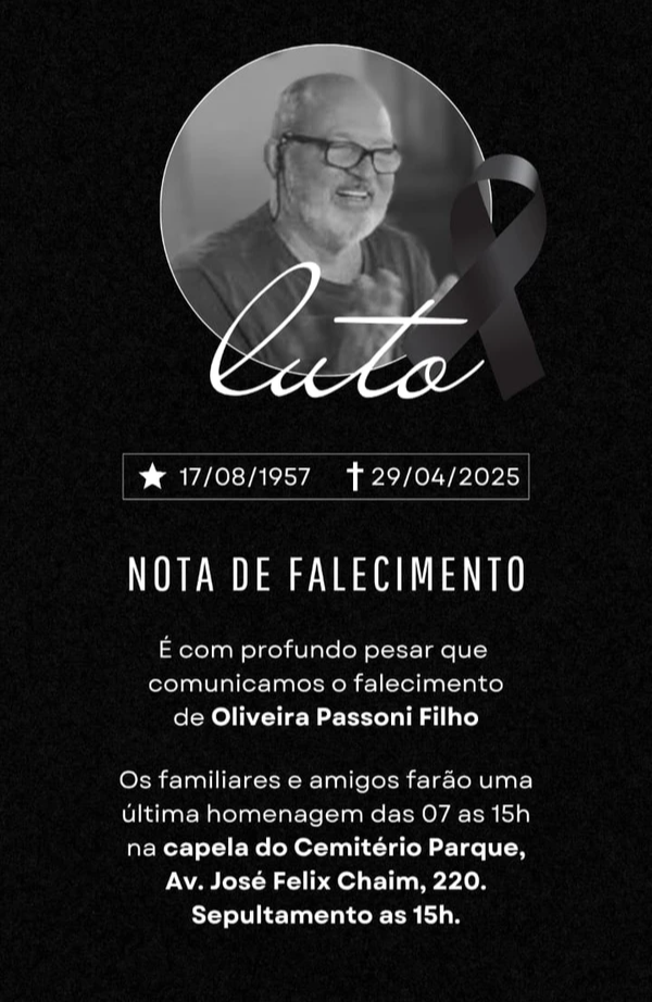 Nota de falecimento de Oliveira Passoni Filho. Crédito: Acervo pessoal