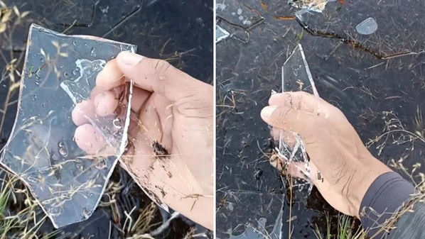Imagens feitas por guia mostram placas de gelo que se formaram em um riacho que corre sobre as pedras, próximo ao Pico do Calçado, no último fim de semana