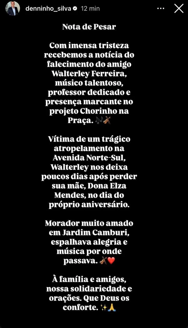 Deputado estadual Denninho Silva publica mensagem para músico no Instagram