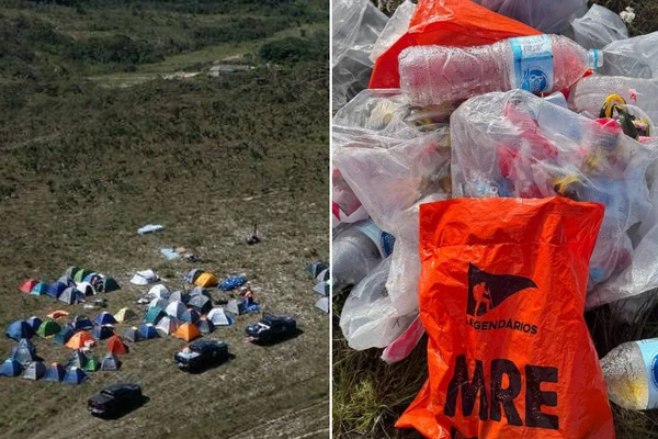 Acampamento irregular do grupo Legendários; à direta,  lixo deixado pelo grupo no local
