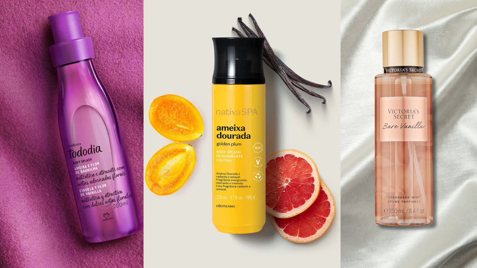 Ameixa e Flor de Baunilha, Ameixa Dourada e Bare Vanilla integram a lista dos body splashes que mais fixam na pele. Crédito: Mercado Livre