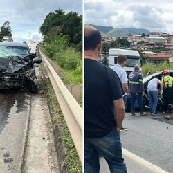 Colisão entre dois carros ocorreu no km 205, no fim da manhã desta terça-feira (13); imagens mostram os veículos com a parte da frente amassada