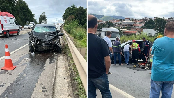 Colisão entre dois carros ocorreu no km 205, no fim da manhã desta terça-feira (13); imagens mostram os veículos com a parte da frente amassada
