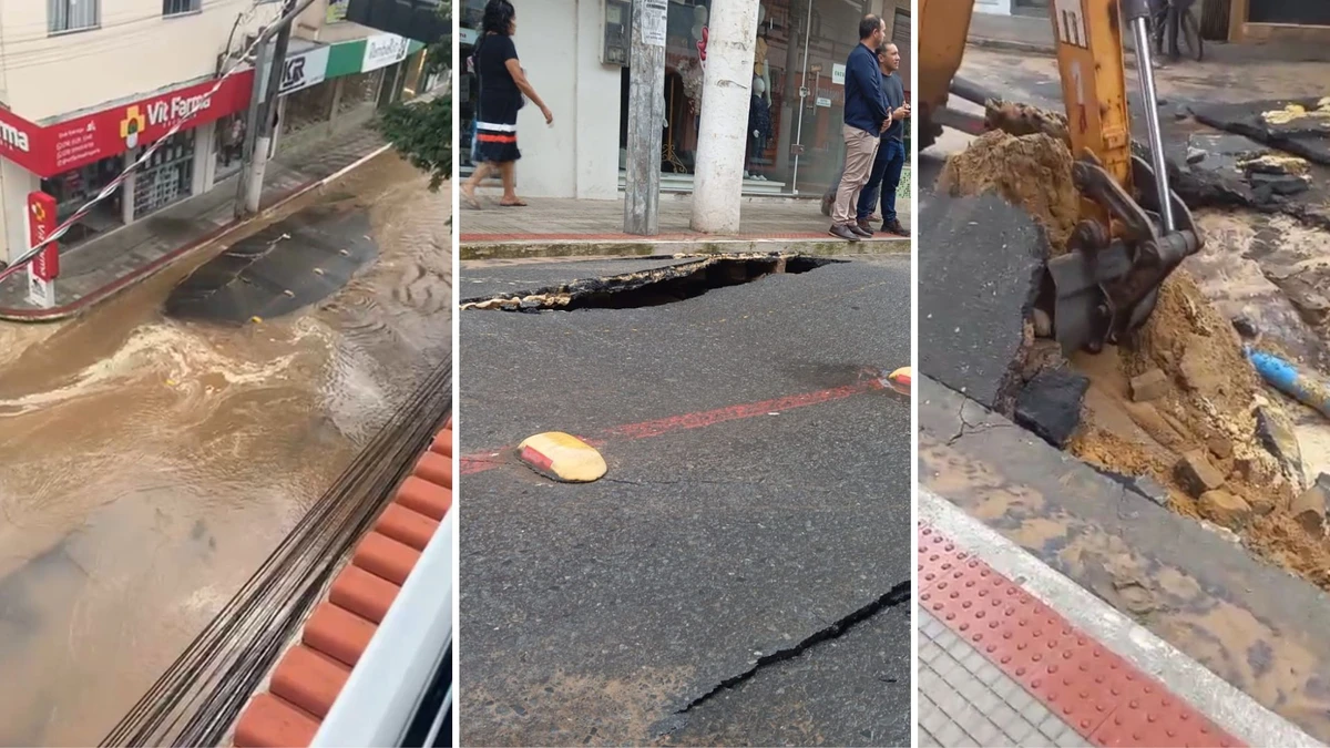 Rompimento adutora alaga avenida no Centro de Piúma